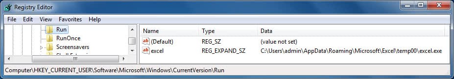 Figure 12. Run registry entries