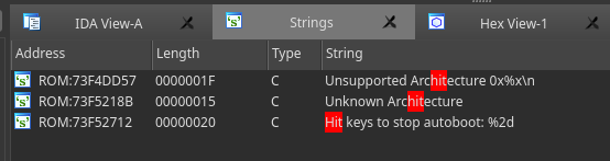 Figure 30. String search for 'Hit keys to stop autoboot'
