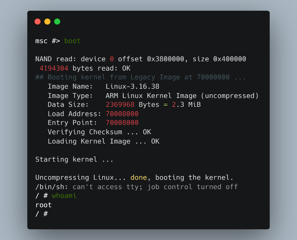 Figure 39. Calling Boot from UBoot, and getting a Root shell in Linux