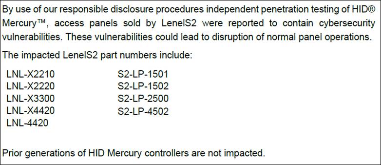 影響を受ける HID Mercury アクセス コントロール パネル