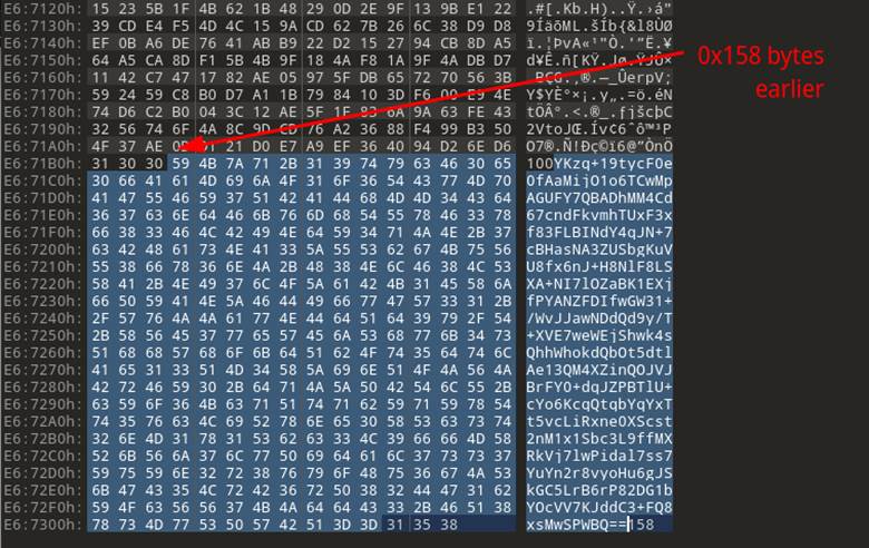 0x158 バイトまでは base64 コードの範囲のように見えました。