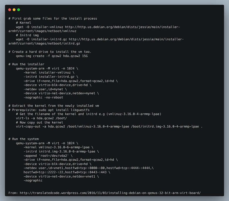 Creating and running an ARM 32bit Debian VM.