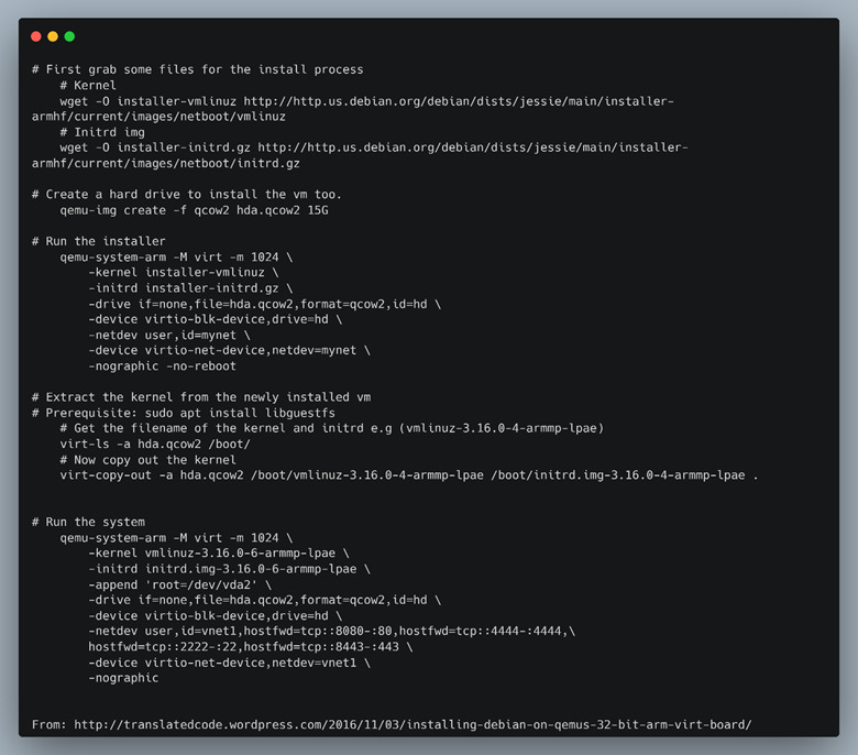 Creating and running an ARM 32bit Debian VM.