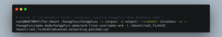 Honggfuzz command to fuzz the advanced_networking.cgi file.