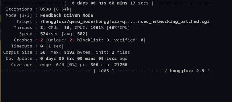 Honggfuzz dashboard with two crashes