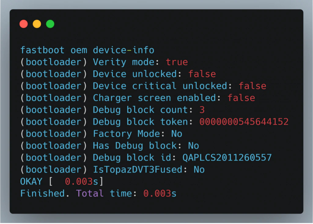 Figure 1: OEM device info showing verity mode and unlocked status.