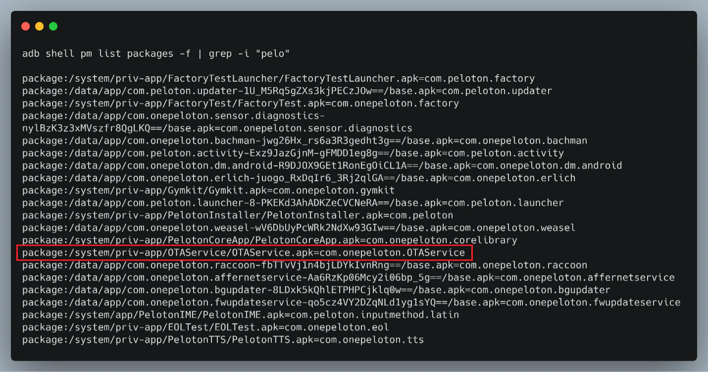 Figure 4: Listing Peloton Specific Applications and Highlighting the one related to OTA Updates.