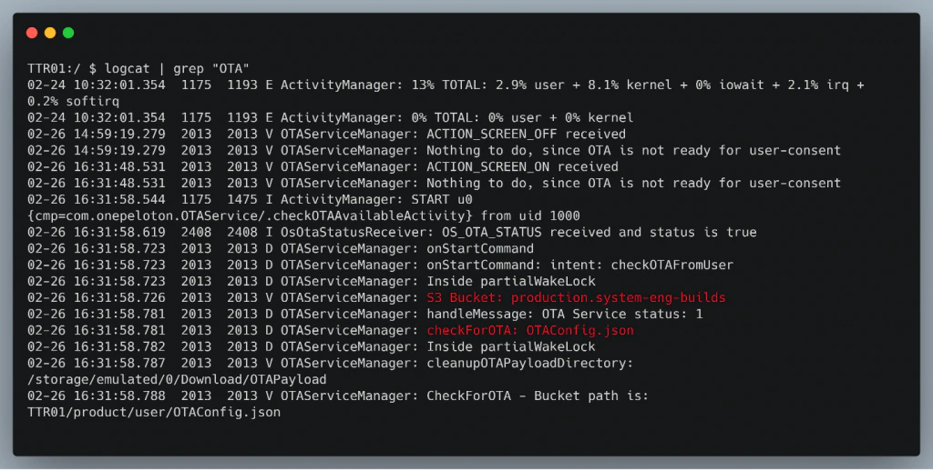 Figure 6: Relevant OTA logs in red