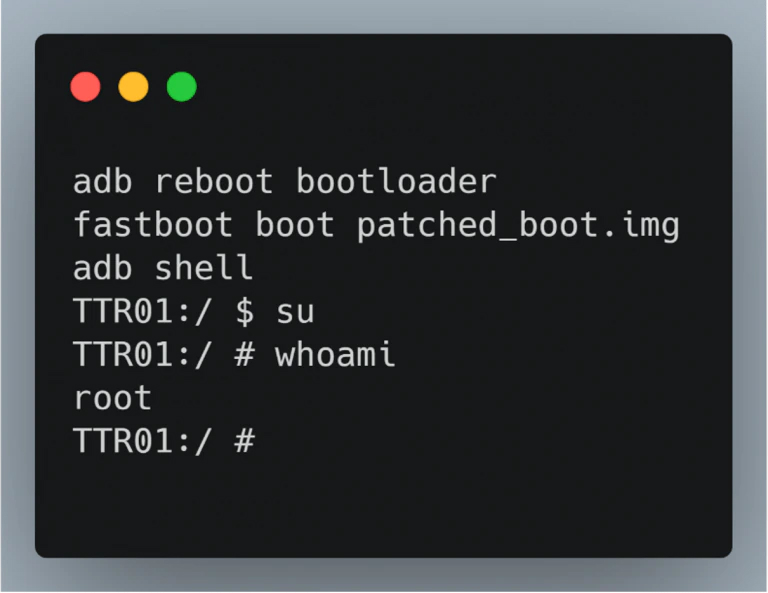 Figure 8: Booting modified boot.img and executing whoami as Root 