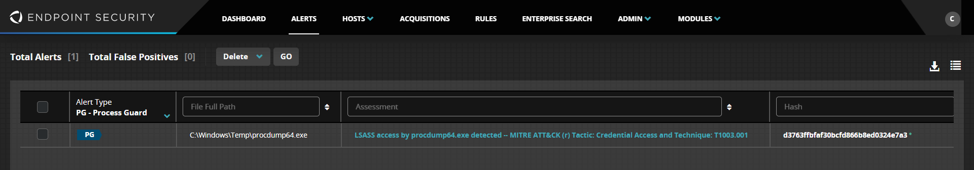 Alerts generated in the Endpoint Security console