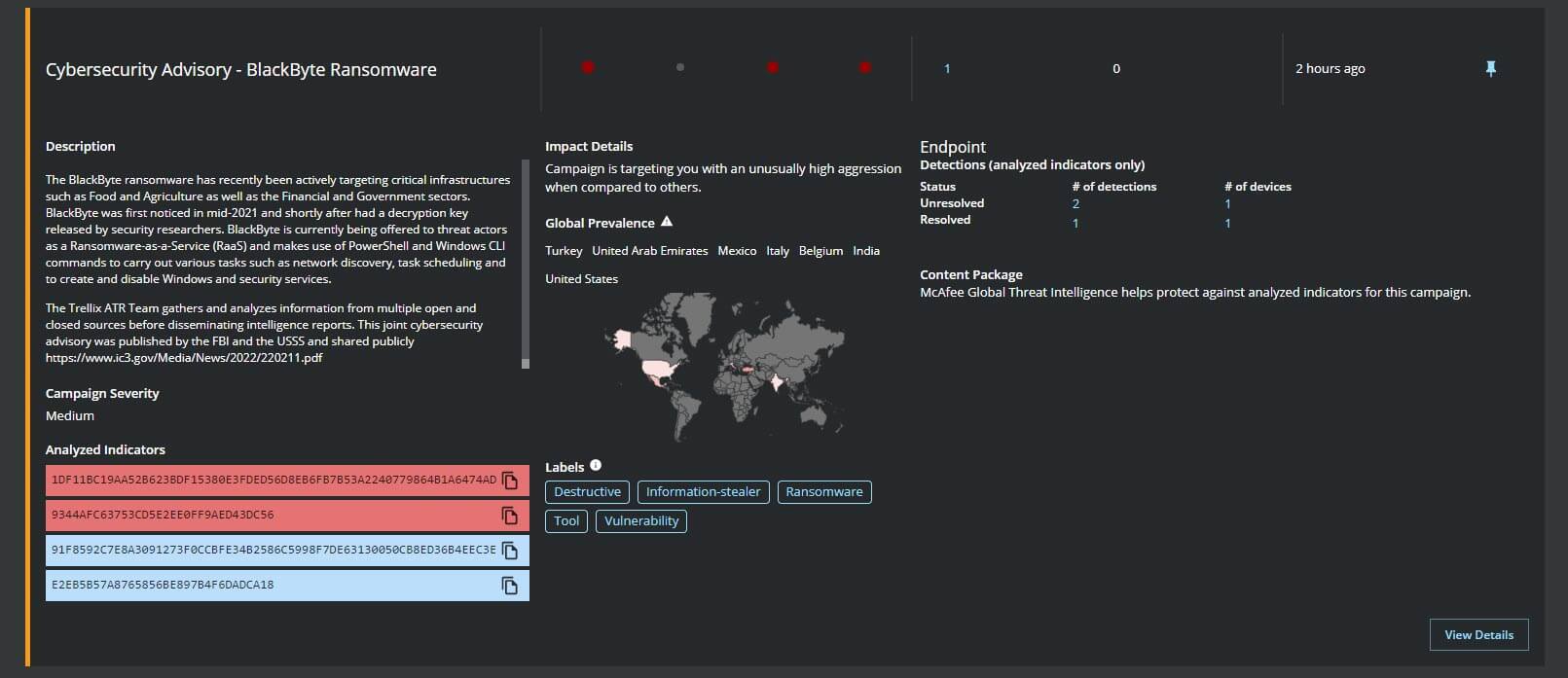 Figure 6. Campaign Details, Analyzed Indicators of Compromise, and Detections