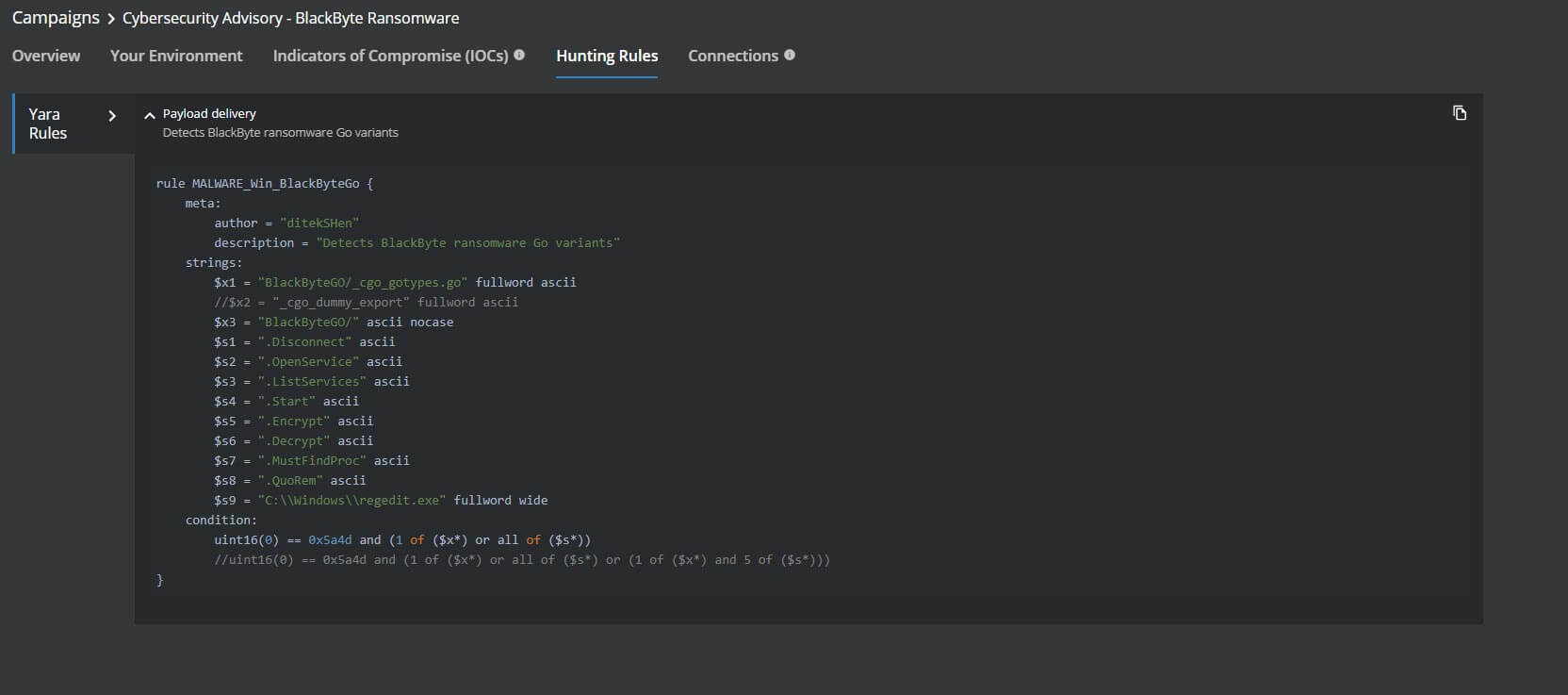 Figure 7. Hunting Rules for BlackByte Ransomware in MVISION Insights