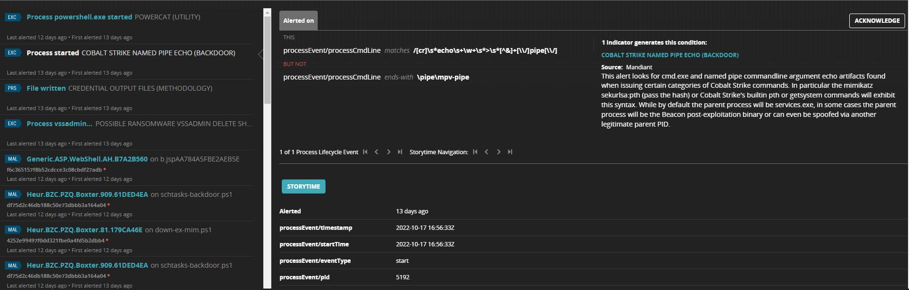 図 10: Trellix Endpoint (HX) による Cobalt Strike および PowerShell スクリプトの検出