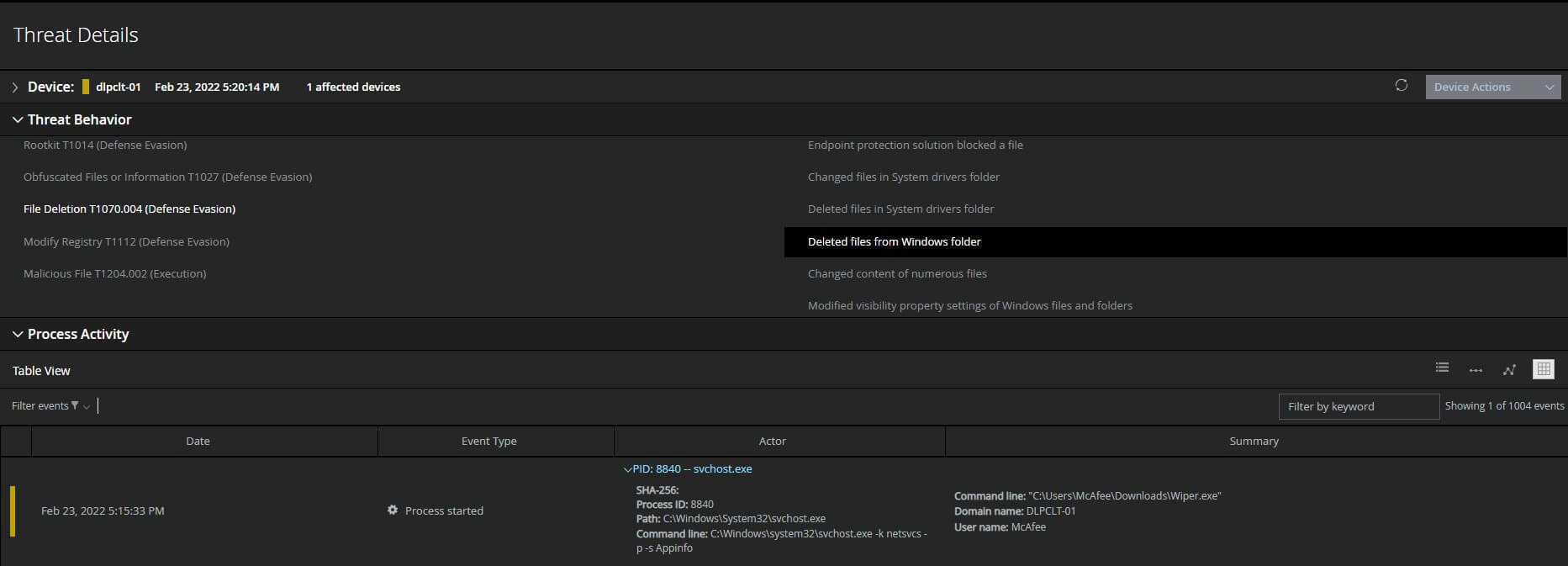 Figure 7: MITRE Techniques and Threat Behavior noting deletion of Windows files