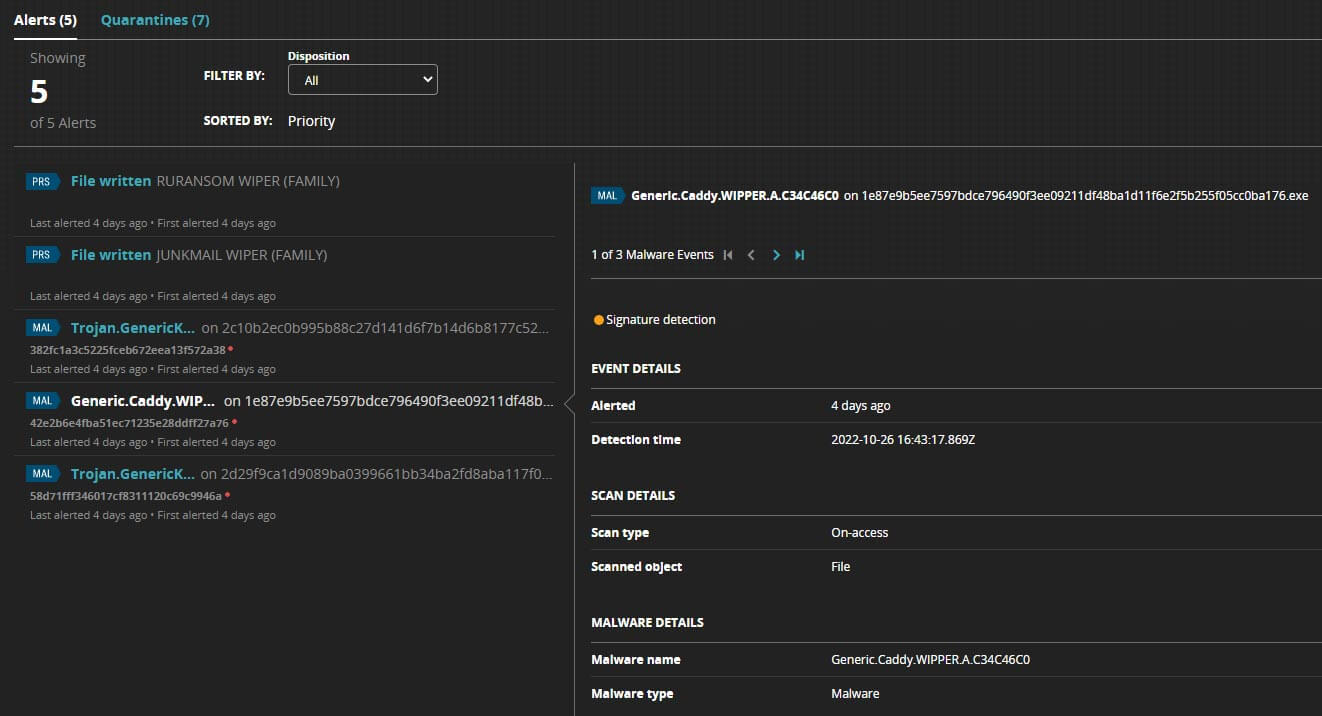 Figure 9: Detection of different wiper malware by Trellix Endpoint (HX)