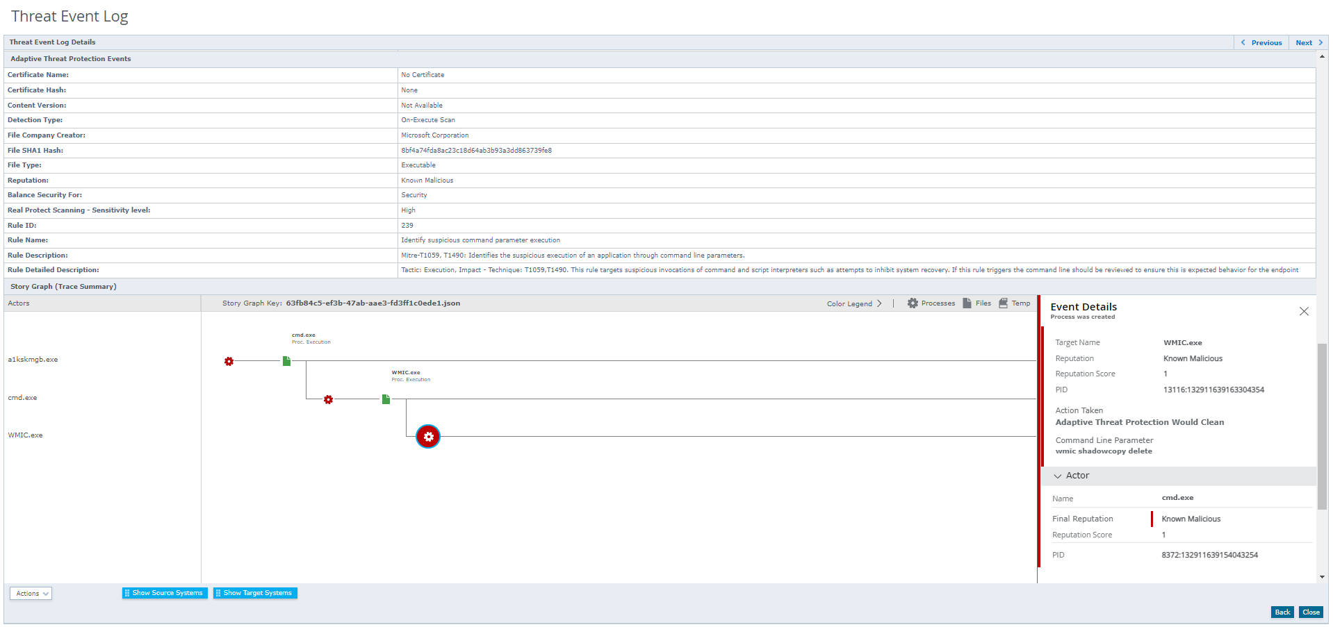 Figure 4. Story Graph and Adaptive Threat Protection Detection for Rule ID 239 in ePolicy Orchestrator/MVISION ePO