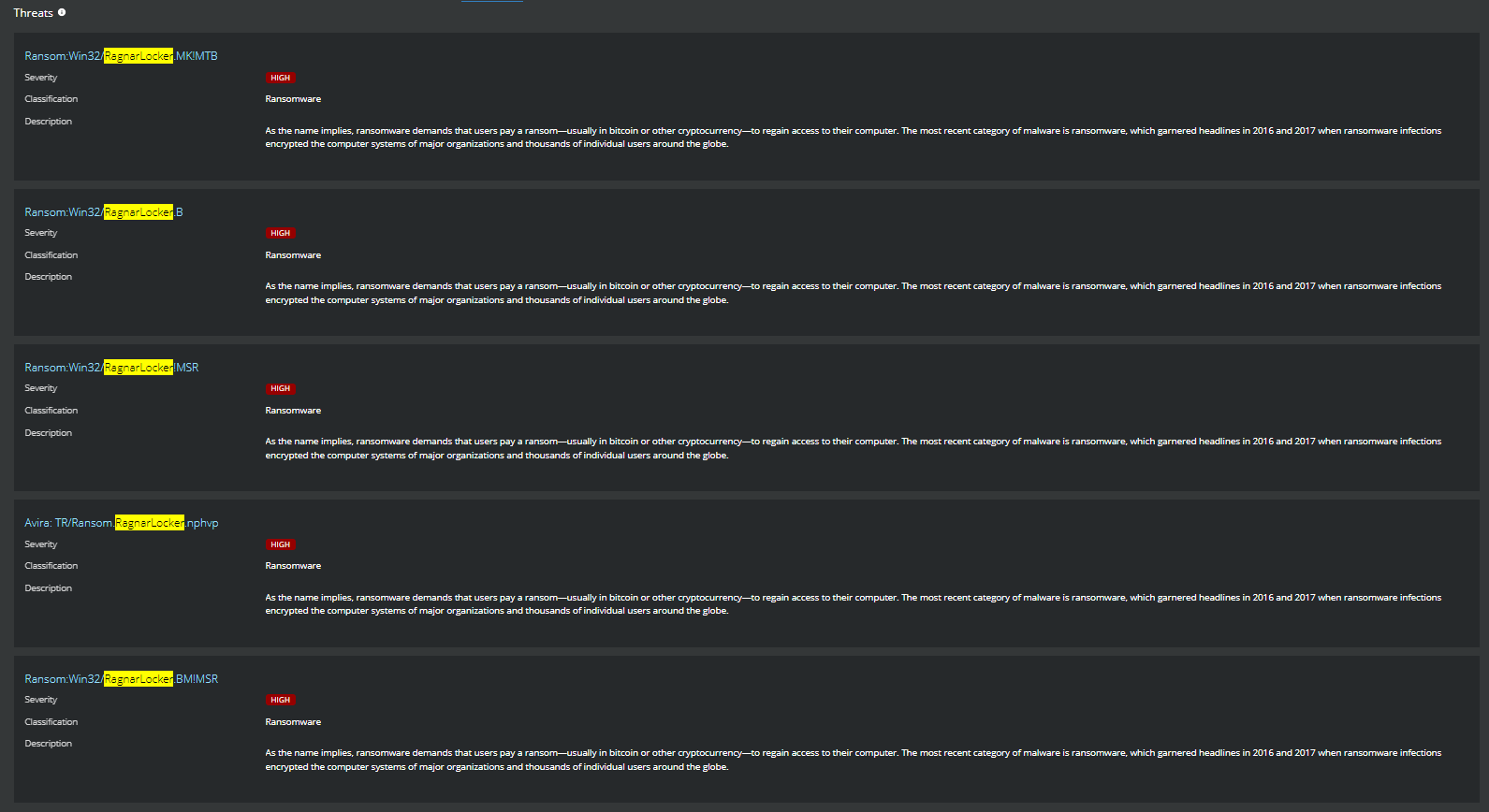 Figure 6. Threat detections for RagnarLocker Ransomware shown in MVISION Insights