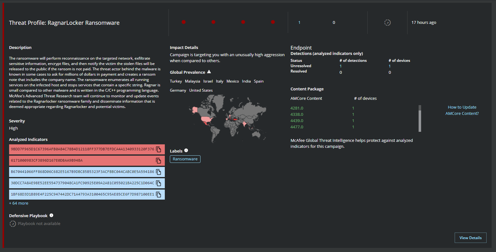 Figure 7. Campaign Details, Analyzed Indicators of Compromise, and Detections