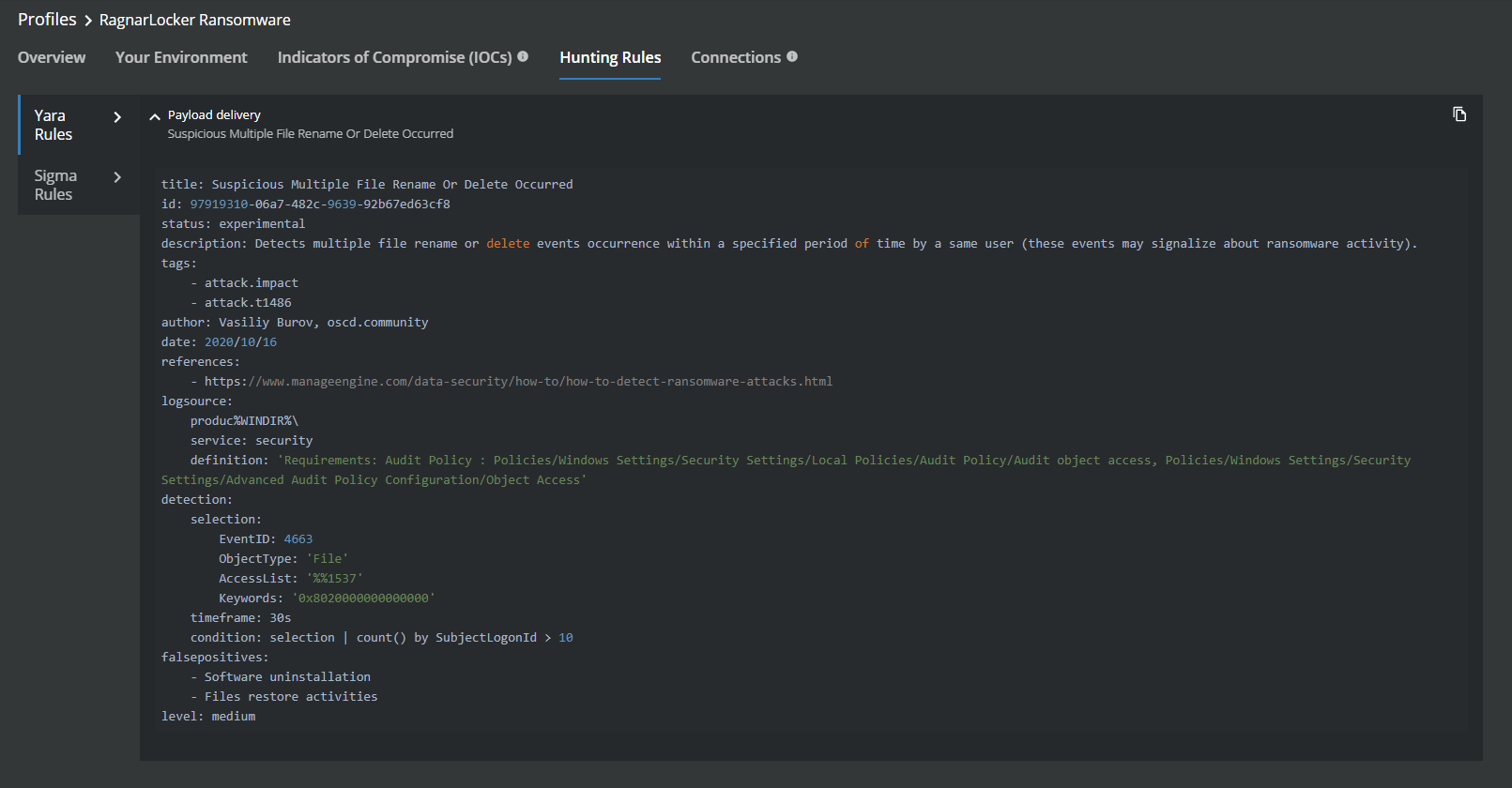 Figure 9. Hunting Rules for RagnarLocker Ransomware in MVISION Insights