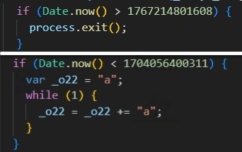 Figure 13: Deobfuscated code from 26f89cee38263c449c8e154c8b35768593e8171c30dd638328c16294ac36f18d. Checking for the date of the system. 1767214801608 is 31 December 2025 21:00:01.608 GMT and 1704056400311 is 31 December 2023 21:00:00.311 GMT.