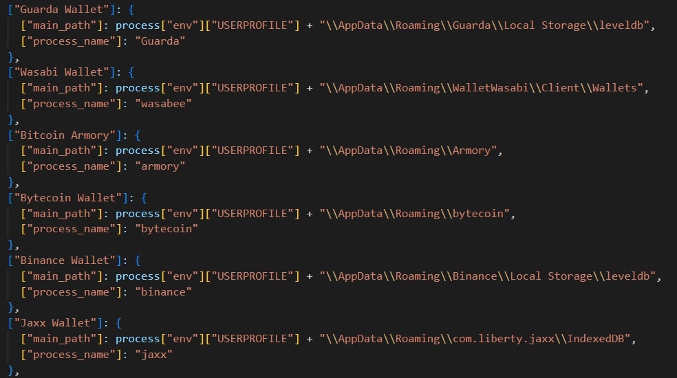 Figure 16: Snippet of list of wallets targeted by Celestial Stealer. Seen in 26f89cee38263c449c8e154c8b35768593e8171c30dd638328c16294ac36f18d after deobfuscation.