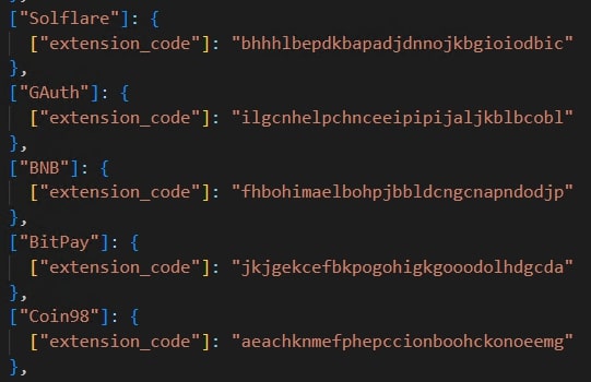 Figure 18: Snippet of list of browser extensions targeted by Celestial Stealer. Seen in c70601eda62ac6a9b9135f9273299f90b443d8d11dfcfec4f836fb9da07a9dfa after deobfuscation.: