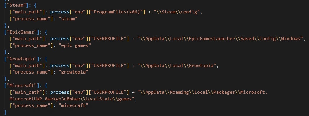 Figure 19: Snippet of list of applications targeted by Celestial Stealer. Seen in 52180322da77c5fd2ecf33b692dee89c3d9391ddb15b40ec93b94db9f26833ed after deobfuscation.