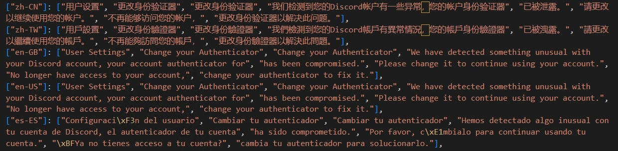 Figure 21: Snippet from payload showing the display message strings in various languages after deobfuscation.
