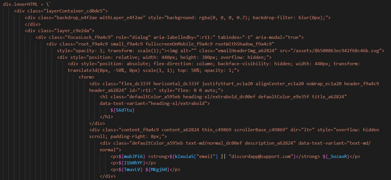 Figure 22: Snippet from payload showing the code of the display window shown to the user