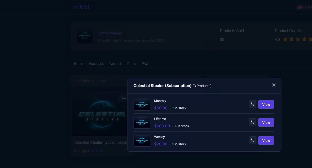 Figure 6: Subscription options seen on sellix.io website