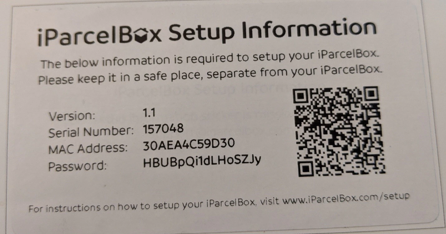 Figure 3. iParcelBox Random WiFi Access Point Password (16 Characters)