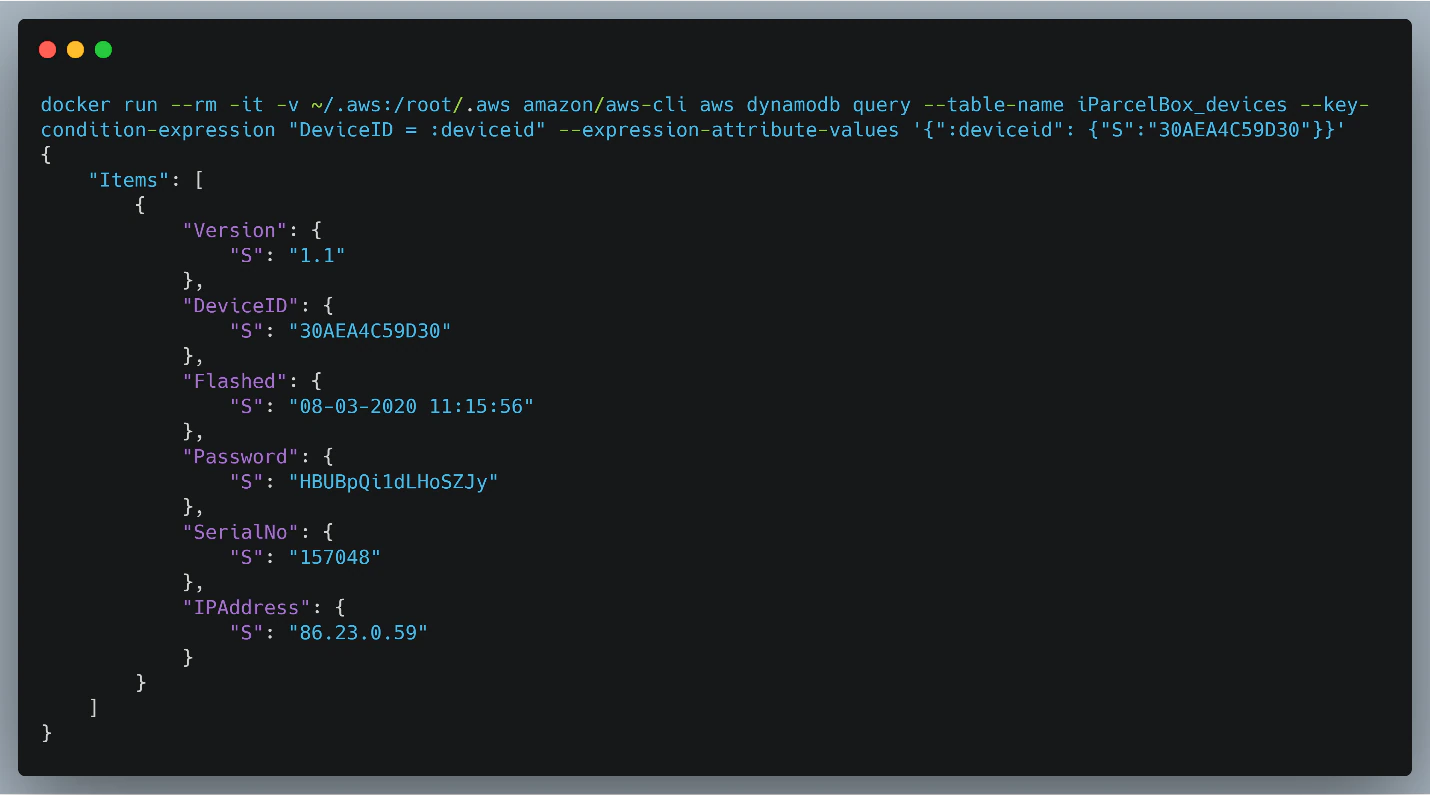 Figure 34. Requesting information from the iParcelBox_devices table