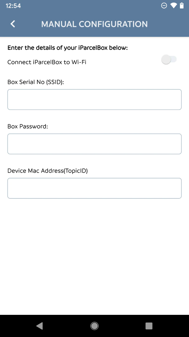 Figure 36. Required Information to set up the iParcelBox