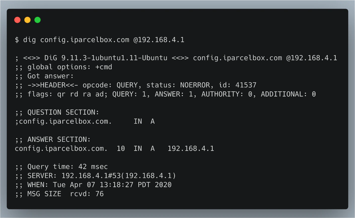 Figure 7. DNS Lookup of config.iparcelbox.com