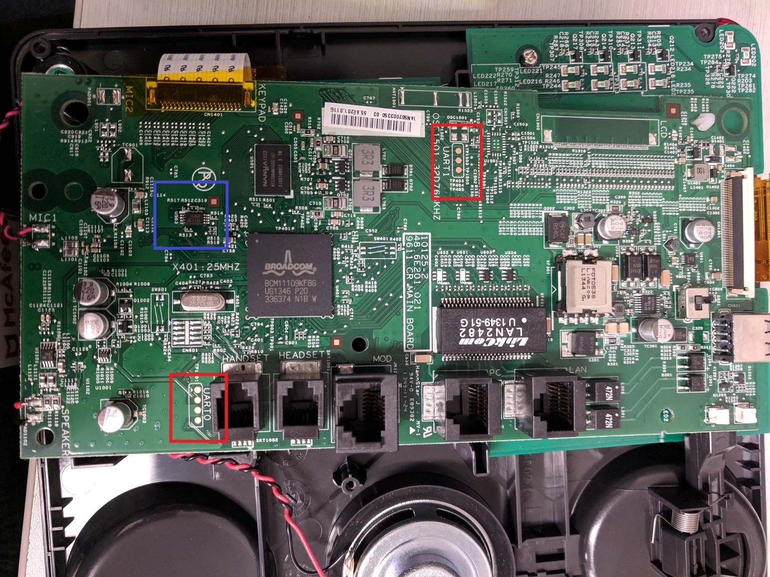 Close up of the phone’s circuit board. UART ports in Red and the EEPROM in blue