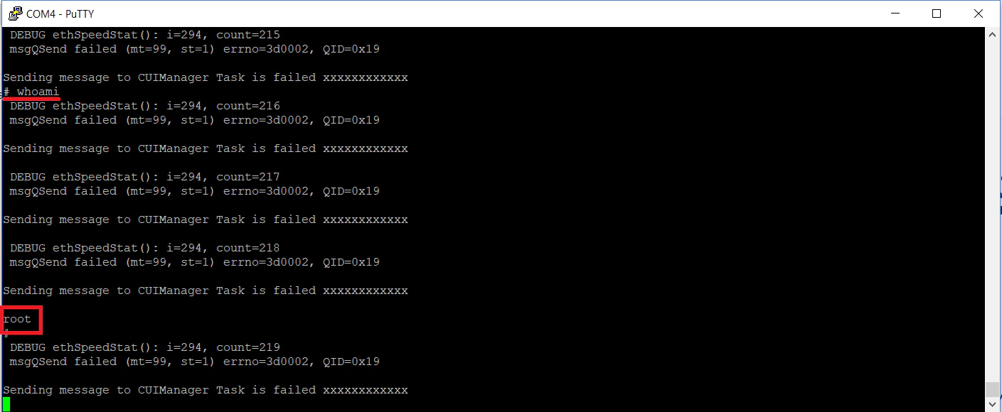 Confirmation we have a root shell. Unrelated debug messages are being printed while we are invoking the “whoami” command