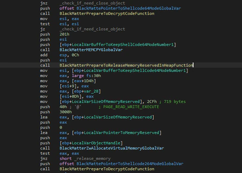 Figure 14. BlackMatter preparing shellcodes to steal system token