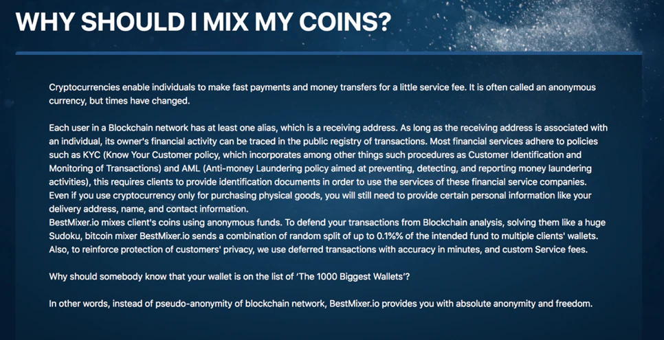 Figure 4. Bestmixer’s explanation page, “why someone should mix bitcoins”.