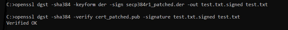 Figure 2.Signing a text file and verifying the signature using the modified key pair (k’=1, G’=Q, Q’=Q)