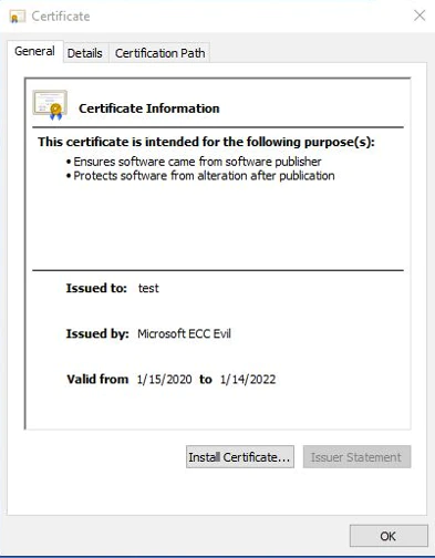 Figure 3. Spoofed/Forged Certificate Seemingly Signed by Microsoft ECC Root CA