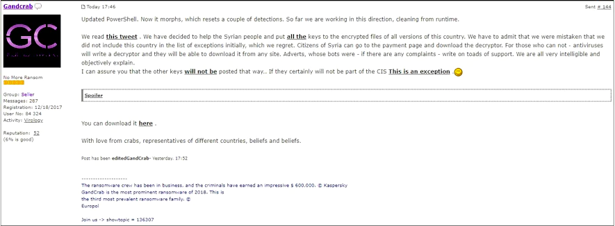 Figure 17. GandCrab’s change of heart regarding Syrian victims.