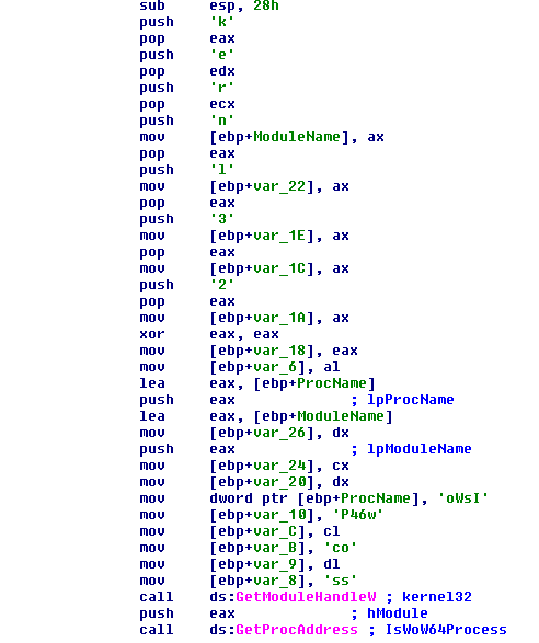 Figure 10. The dynamic call to IsWoW64Process with obfuscated strings.