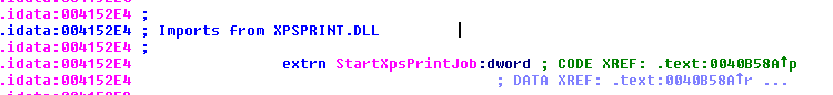 Figure 5. Import of xpsprint.dll that will not run on Windows XP or Vista.