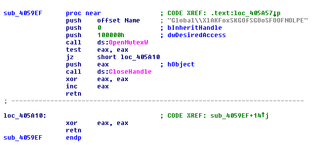 Figure 14. Opening the new mutex to check if there is a need to run the exploits.