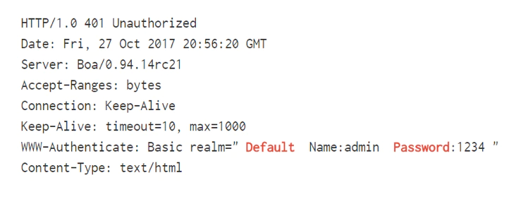 Figure 2. *HTTP banner of an IoT device on the Internet leaking the default credentials.