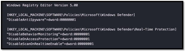 Figure 12. Registry value modifications to disable Windows Defender