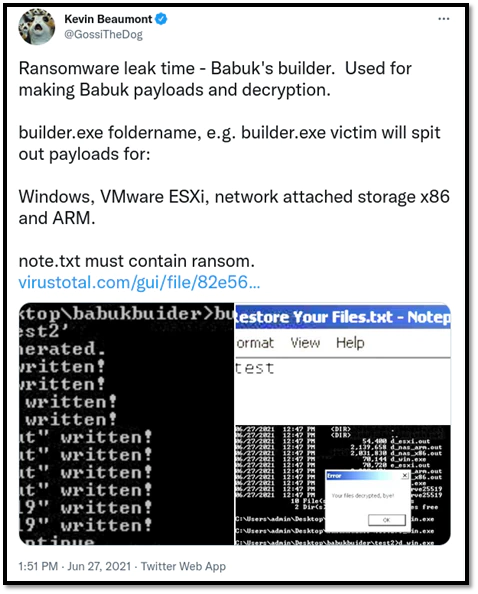 Figure 2. Babuk builder public leak on Twitter
