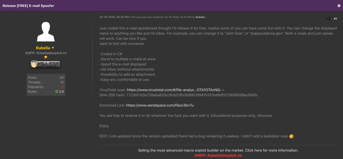 Figure 5. Email spoofer posting including the VirusTotal link 